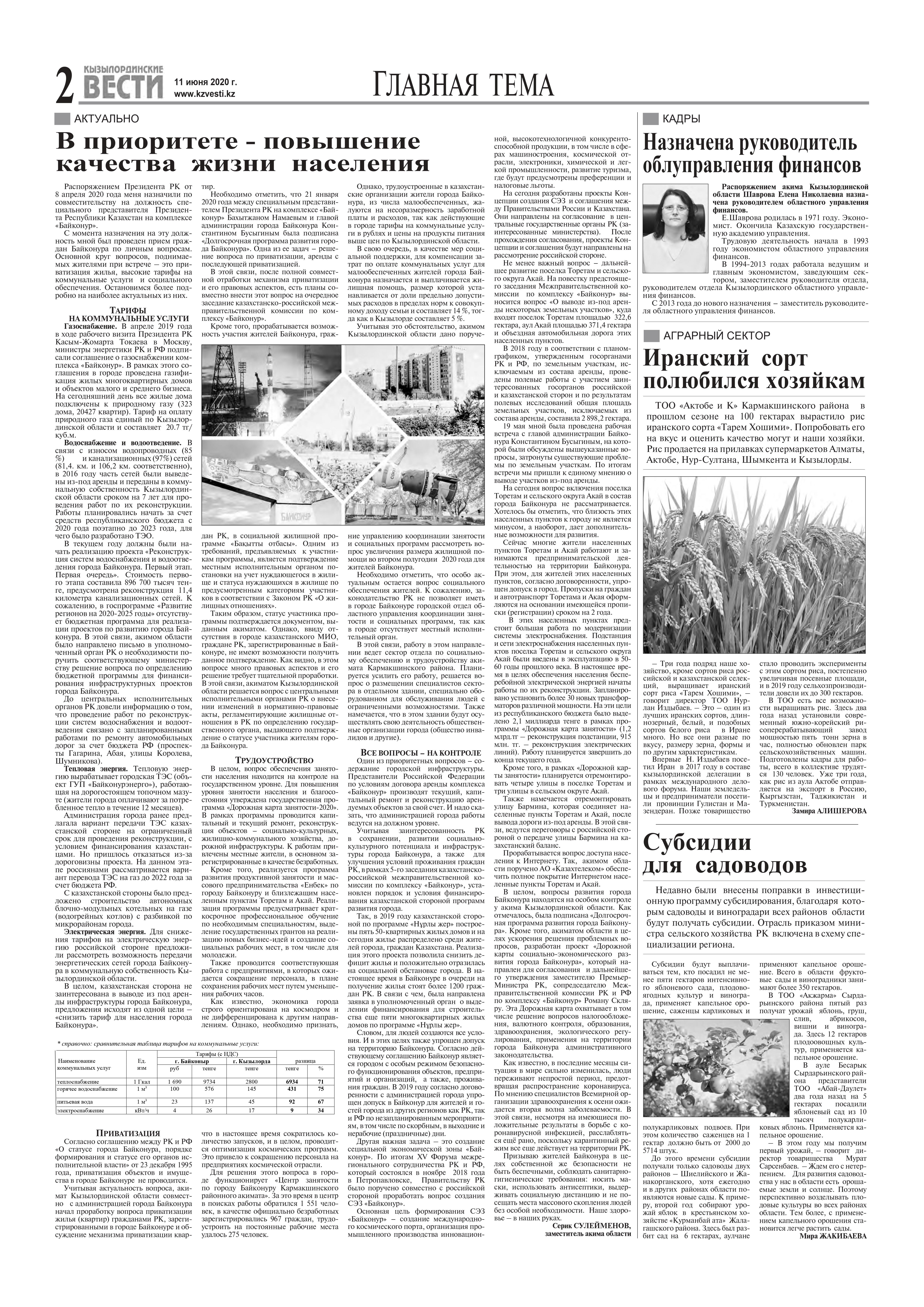 11 июня 2020 года в газете "Кызылординские вести" №86 (18.961) опубликована статья заместителя акима Кызылординской области, специального представителя Президента РК на комплексе «Байконур» С. Сулейменова касательно актуальных вопросов, поднимаемых жителями города Байконыр.