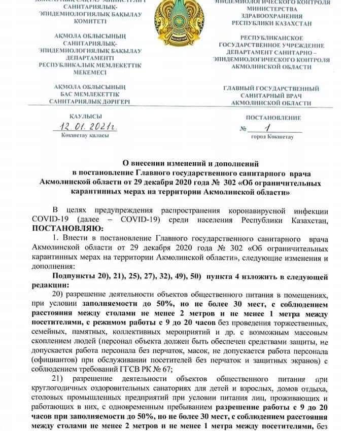 Ақмола облысының аумағында шектеу карантиндік шаралары туралы "Ақмола облысының бас мемлекеттік санитариялық дәрігерінің 2020 жылғы 29 желтоқсандағы № 302 қаулысына өзгерістер мен толықтырулар енгізу туралы" Ақмола облысының бас мемлекеттік санитариялық дәрігерінің 2021 жылғы 12 қаңтардағы №1 қаулысы"