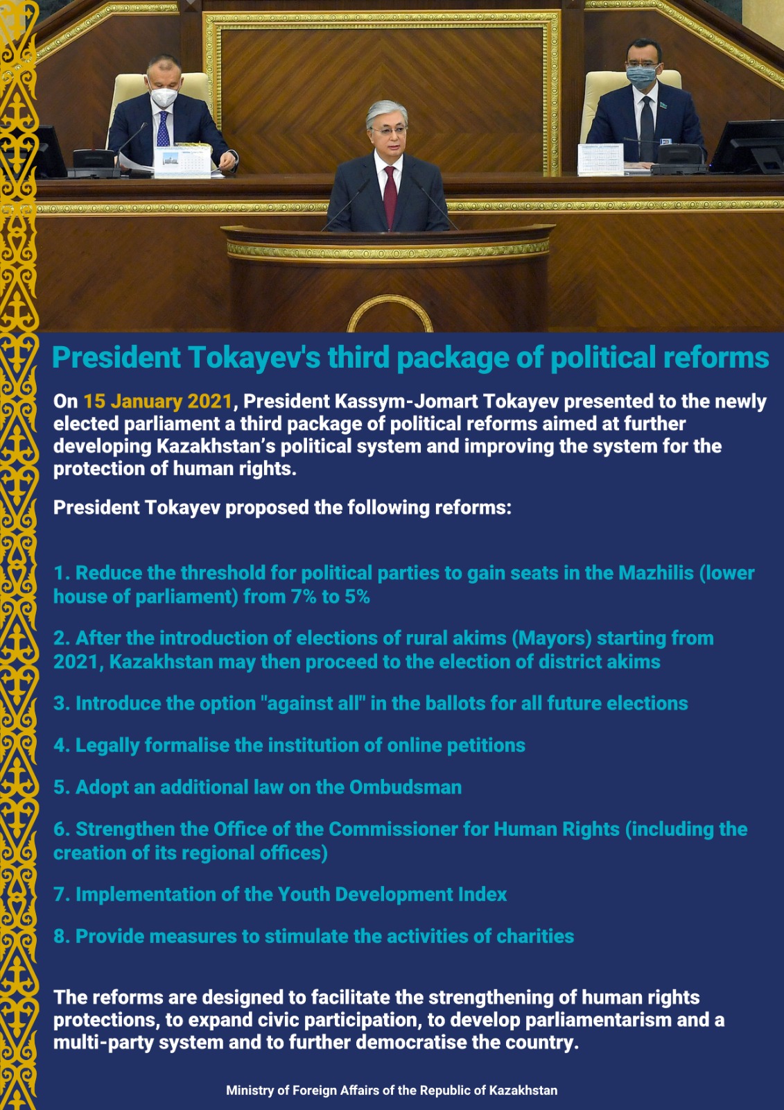 Statement by President Kassym-Jomart Tokayev at the opening of the first session of the Parliament of the Republic of Kazakhstan  of the seventh convocation