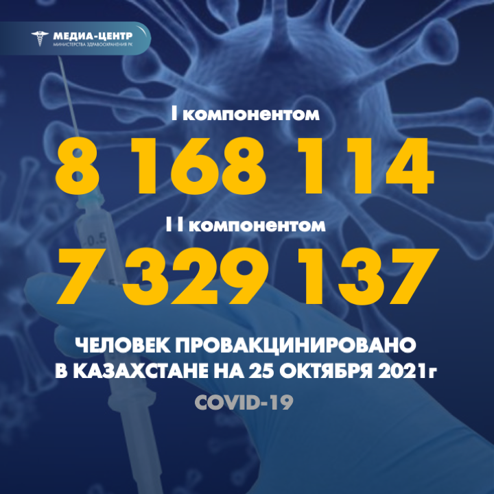 I компонентом 8 168 114 человек провакцинировано в Казахстане на 25 октября 2021 г, II компонентом 7 329 137 человек.