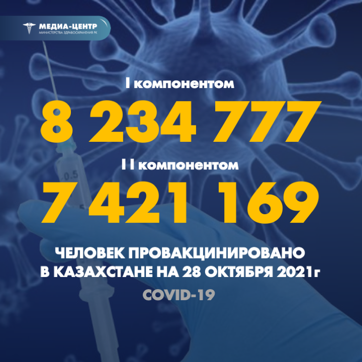 I компонентом 8 234 777 человек провакцинировано в Казахстане на 28 октября 2021 г, II компонентом 7 421 169 человек.