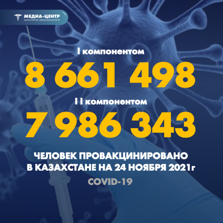 I компонентом 8 661 498 человек провакцинировано в Казахстане на 24 ноября 2021 г, II компонентом 7 986 343 человек.