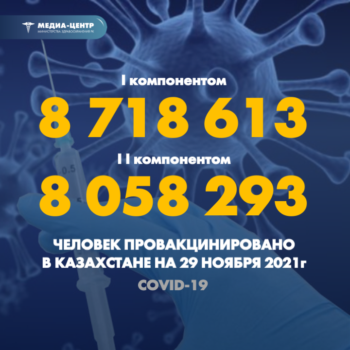 2021 жылғы 29 қарашадағы мәлімет бойынша Қазақстанда I компонентпен 8 718 613 адам вакцина салдырды, II компонентпен 8 058 293 адам.