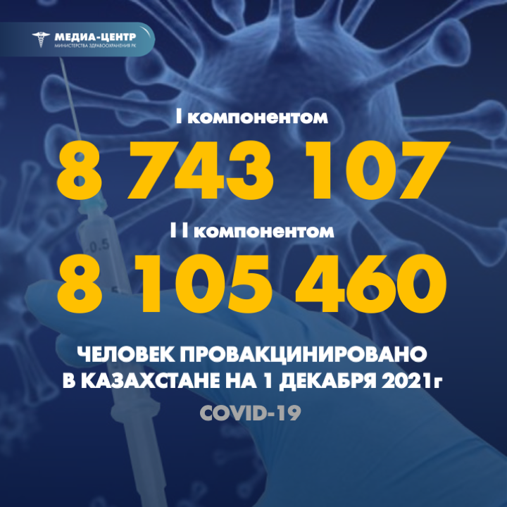 I компонентом 8 743 107 человек провакцинировано в Казахстане на 1 декабря 2021 г, II компонентом 8 105 460 человек.