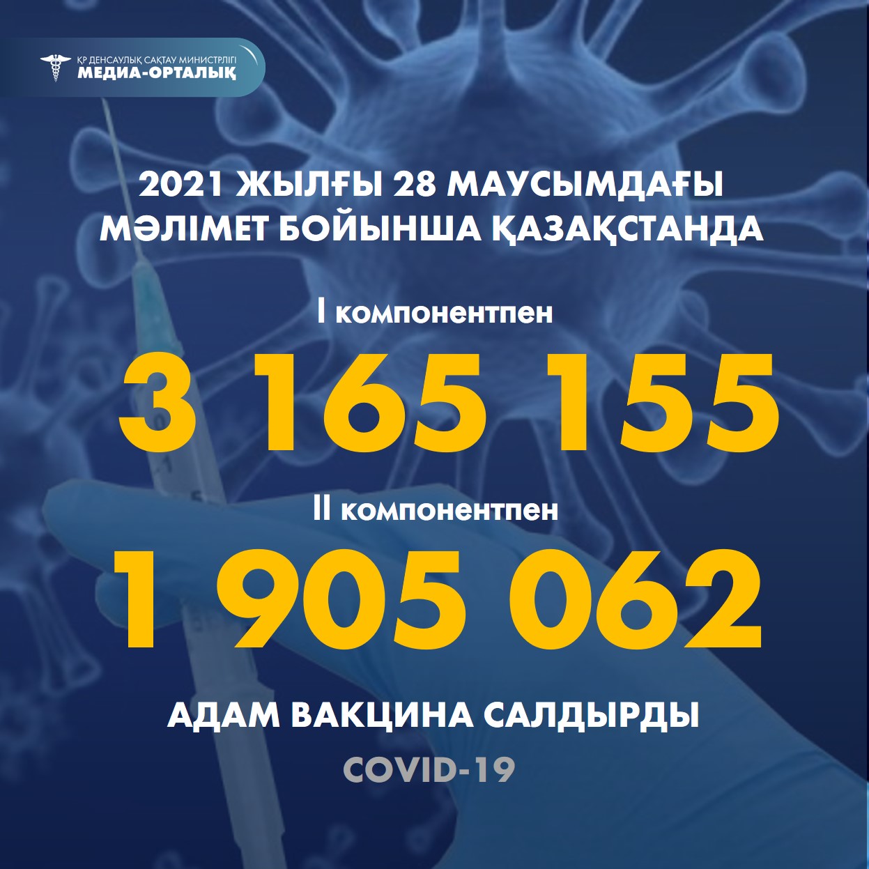 2021 жылғы 28 маусымдағы мәлімет бойынша Қазақстанда I компонентпен 3 165 155 адам вакцина салдырды, II компонентпен 1 905 062 адам.