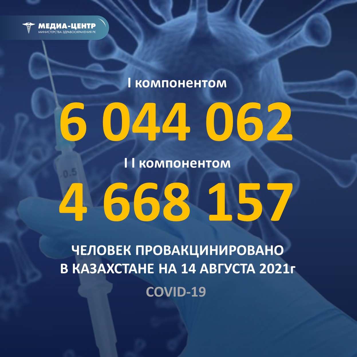 I компонентом 6 044 062 человек провакцинировано в Казахстане на 14 августа 2021 г, II компонентом 4 688 157 человек.