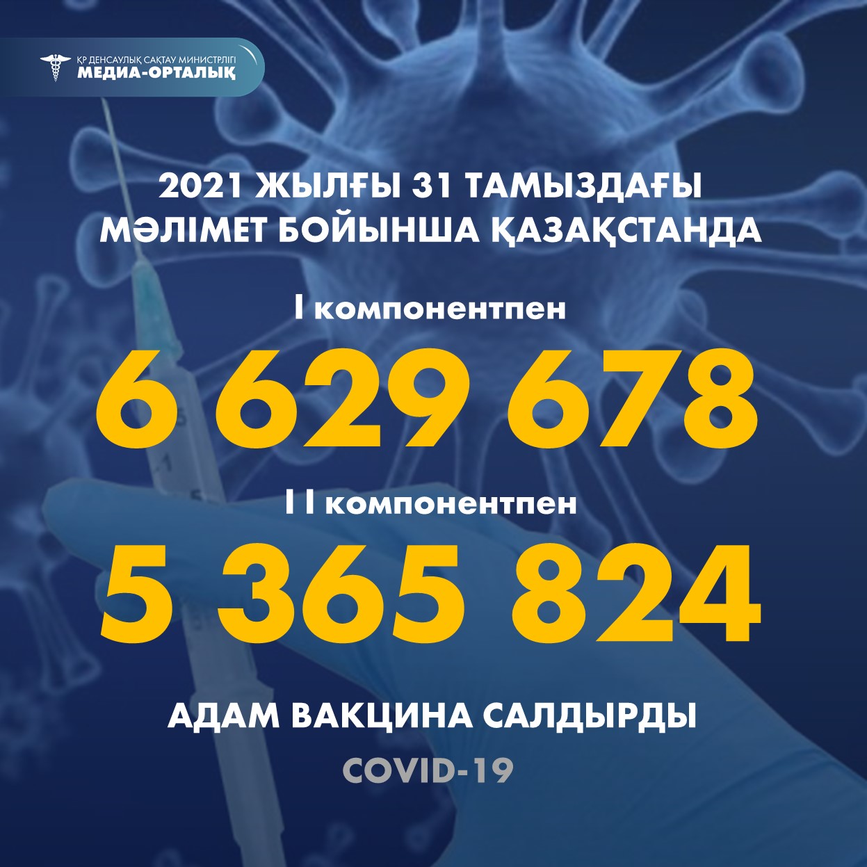 2021 жылғы 31 тамыздағы мәлімет бойынша Қазақстанда I компонентпен 6 629 678 адам вакцина салдырды, II компонентпен 5 365 824 адам.