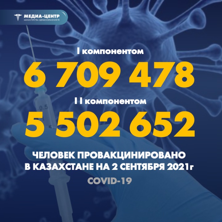 I компонентом 6 709 478 человек провакцинировано в Казахстане на 2 сентября 2021 г, II компонентом 5 502 652 человек.