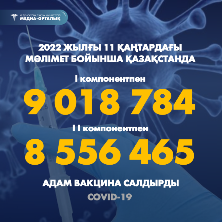 2022 жылғы 11 қаңтардағы мәлімет бойынша Қазақстанда I компонентпен 9 018 784 адам вакцина салдырды, II компонентпен 8 556 465 адам.