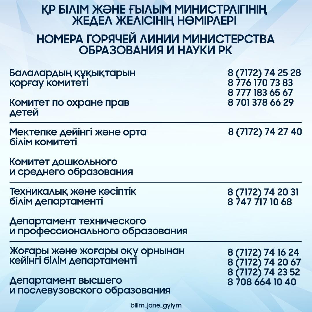 Білім саласына қатысты сұрақтар бойынша жедел желі нөмірлері