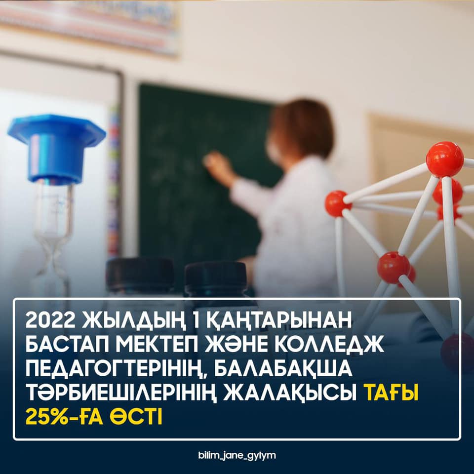 2022 ЖЫЛДЫҢ 1 ҚАҢТАРЫНАН БАСТАП МЕКТЕП ЖӘНЕ КОЛЛЕДЖ ПЕДАГОГТЕРІНІҢ, БАЛАБАҚША ТӘРБИЕШІЛЕРІНІҢ ЖАЛАҚЫСЫ ТАҒЫ 25%-ҒА ӨСТІ