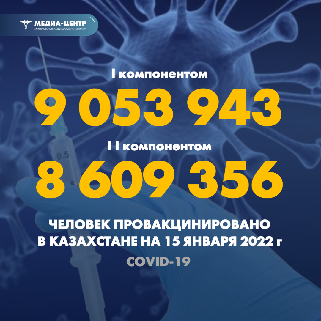 I компонентом 9 053 943 человек провакцинировано в Казахстане на 15 января 2022 г, II компонентом 8 609 356 человек.