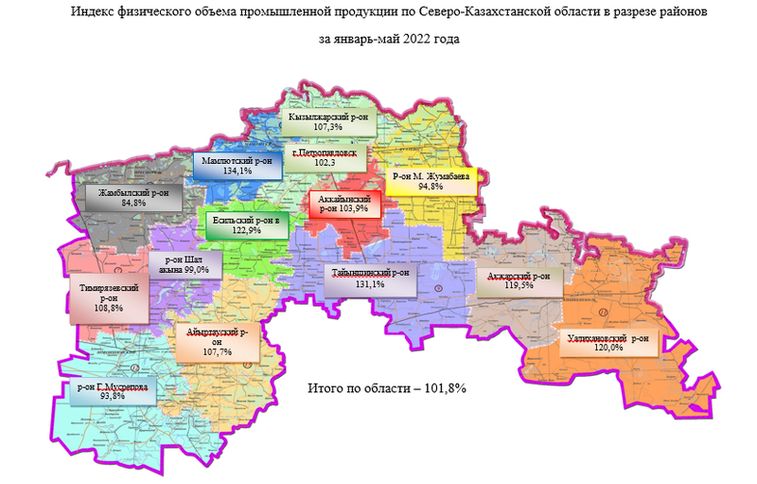 Индекс физического объема промышленной продукции по Северо-Казахстанской области в разрезе районов за январь-май 2022 года