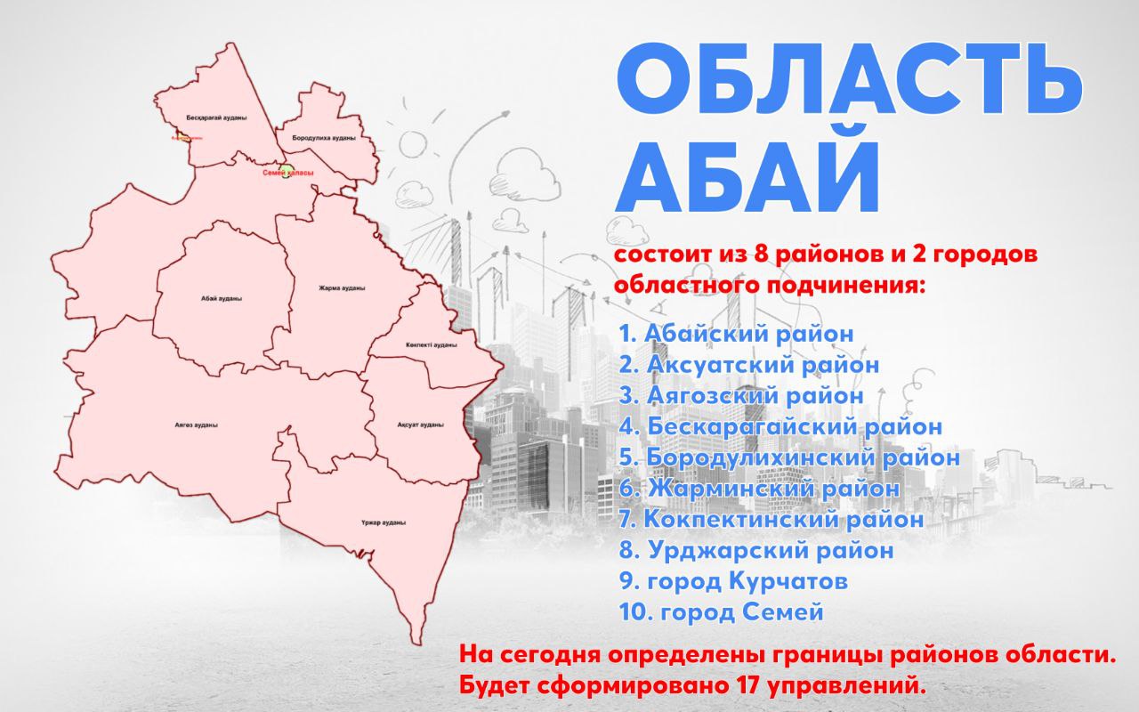 Область Абай состоит из 8 районов и 2 городов областного подчинения