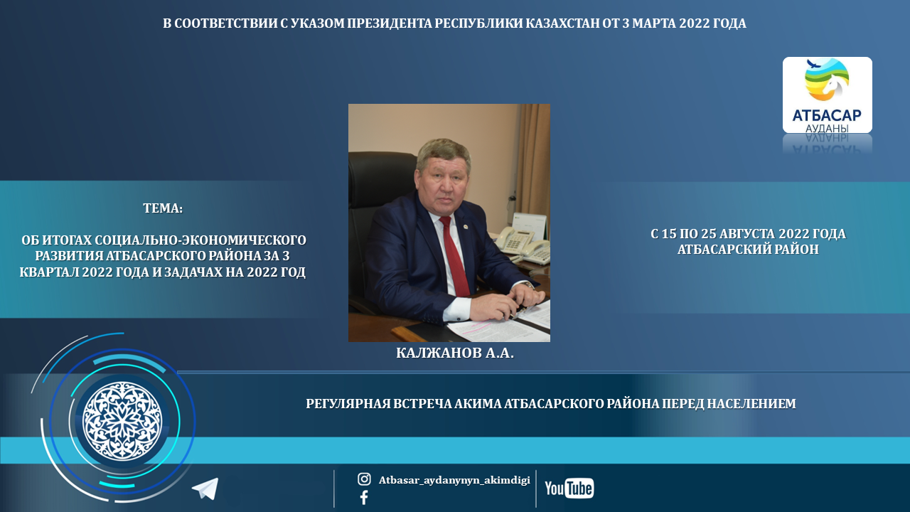 ГРАФИК регулярных встреч акима Атбасарского района с населением  в третьем квартале 2022 года