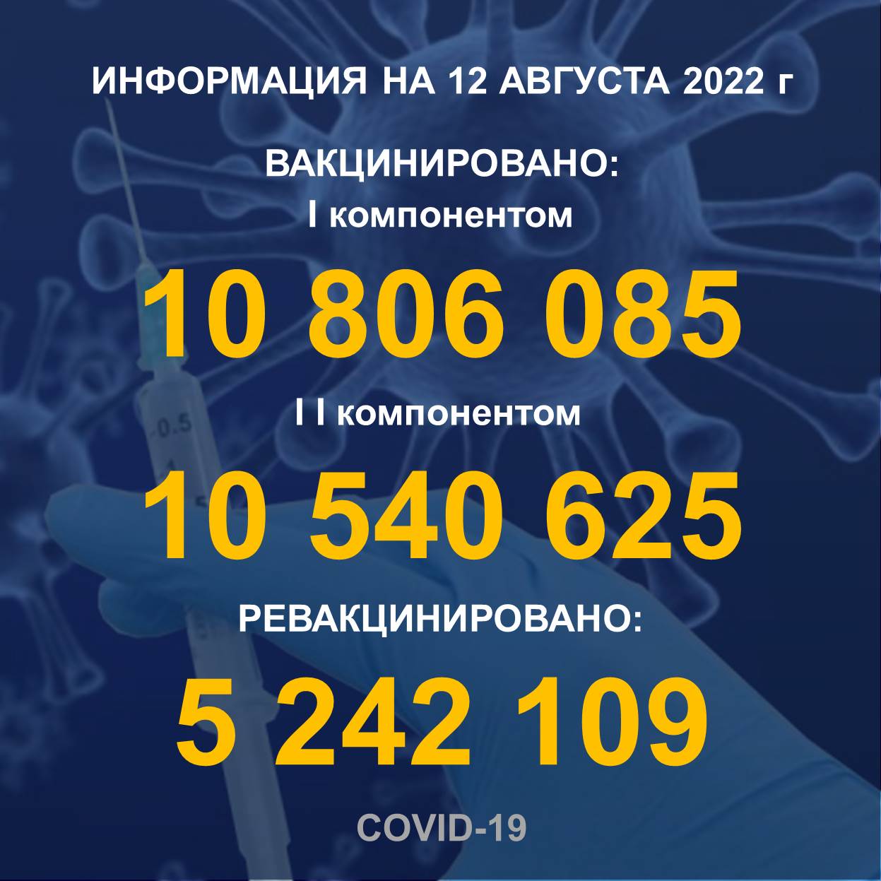 I компонентом 10 806 085 человек провакцинировано в Казахстане на 12.08.2022 г, II компонентом 10 540 625 человек. Ревакцинировано – 5 242 109