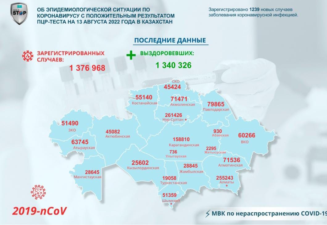 Об эпидемиологической ситуации по коронавирусу с положительным результатом ПЦР-теста на 13 августа 2022 года в Казахстане