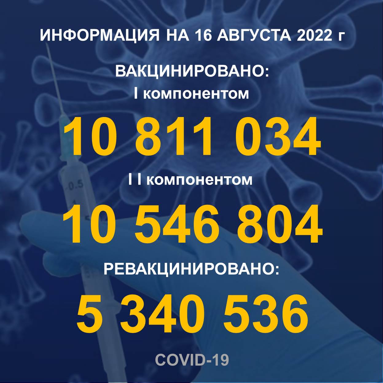 I компонентом 10 811 034 человек провакцинировано в Казахстане на 17.08.2022 г, II компонентом 10 546 804 человек. Ревакцинировано – 5 340 536