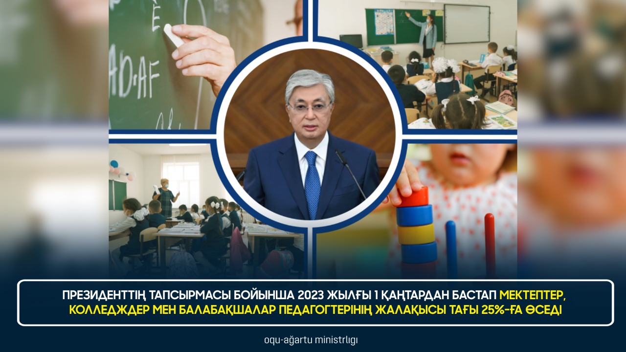 ПРЕЗИДЕНТТІҢ ТАПСЫРМАСЫ БОЙЫНША 2023 ЖЫЛҒЫ 1 ҚАҢТАРДАН БАСТАП МЕКТЕПТЕР, КОЛЛЕДЖДЕР МЕН БАЛАБАҚШАЛАР ПЕДАГОГТЕРІНІҢ ЖАЛАҚЫСЫ ТАҒЫ 25%-ҒА ӨСЕДІ