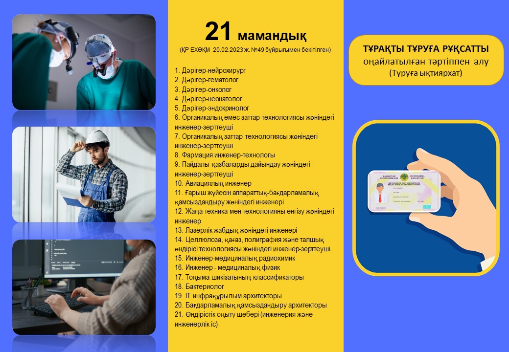 Шетелдіктердің сұранысқа ие кәсіптер тізбесі шеңберінде Қазақстан Республикасында тұрақты тұруға рұқсат алу мүмкіндіктері