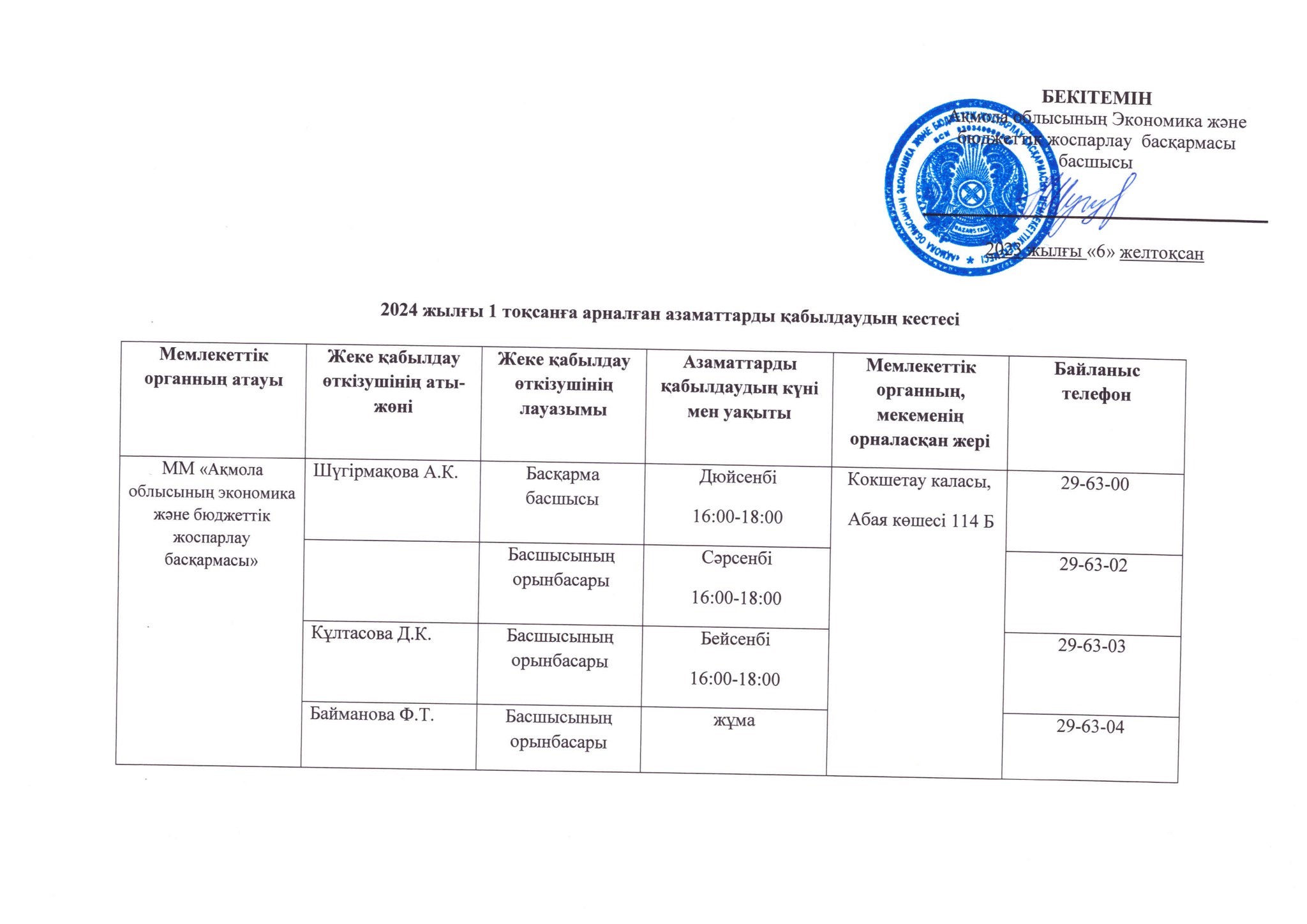 2024 жылғы 1 тоқсанға арналған азаматтарды қабылдау кестесі