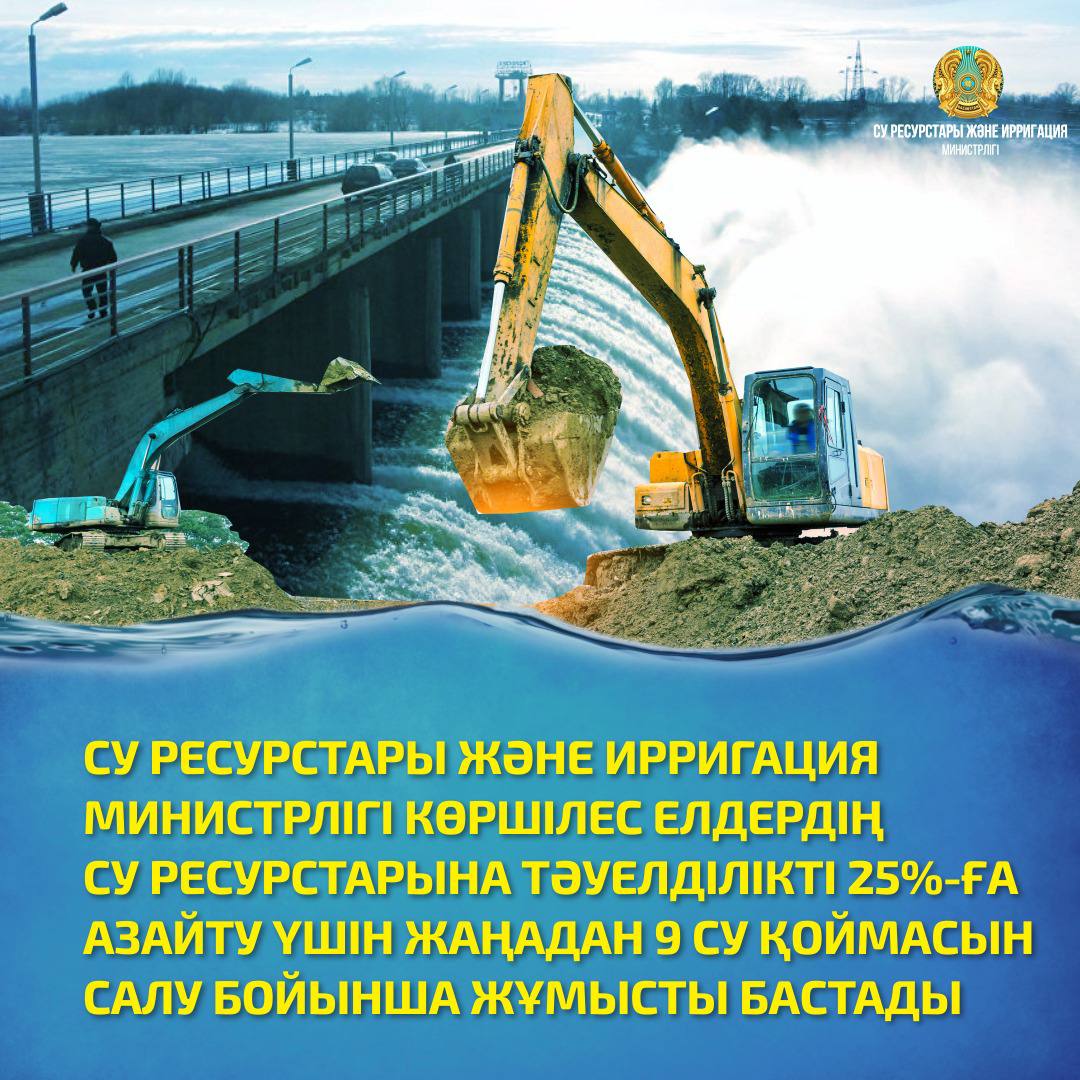 СУ РЕСУРСТАРЫ ЖӘНЕ ИРРИГАЦИЯ МИНИСТРЛІГІ КӨРШІЛЕС ЕЛДЕРДІҢ СУ РЕСУРСТАРЫНА ТӘУЕЛДІЛІКТІ 25%-ҒА АЗАЙТУ ҮШІН ЖАҢАДАН 9 СУ ҚОЙМАСЫН САЛУ БОЙЫНША ЖҰМЫСТЫ БАСТАДЫ