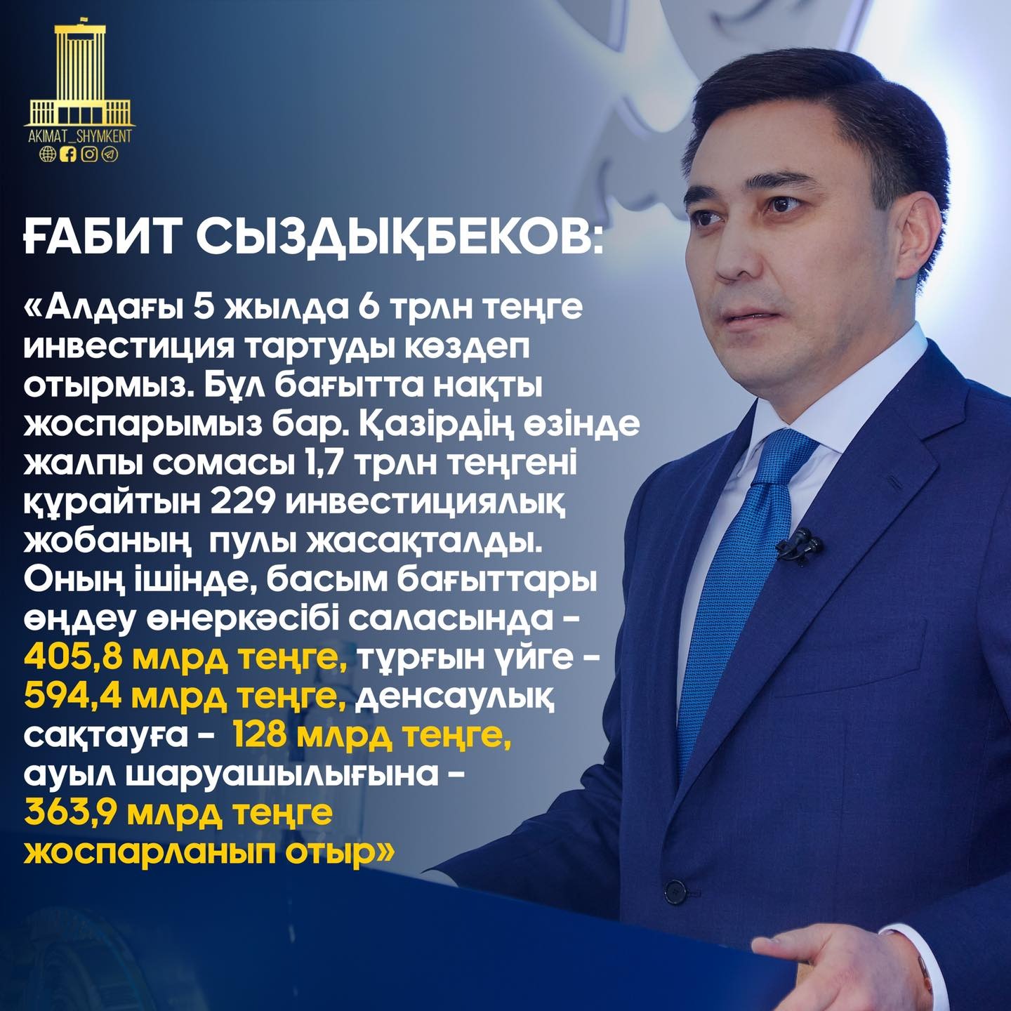 ҒАБИТ СЫЗДЫҚБЕКОВ: «ҚАЛАҒА 5 ЖЫЛДА 6 ТРЛН ТЕҢГЕ ИНВЕСТИЦИЯ ТАРТУ КӨЗДЕЛУДЕ»