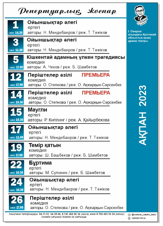 Репертуарный план Костанайского областного казахского театра драмы имени Ильяса  Омарова на февраль месяц  2023 года