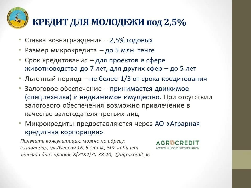 Палата предпринимателей Павлодарской области информирует, что с марта месяца начался прием документов для выдачи льготных микрокредитов под 2,5% годовых для молодежи
