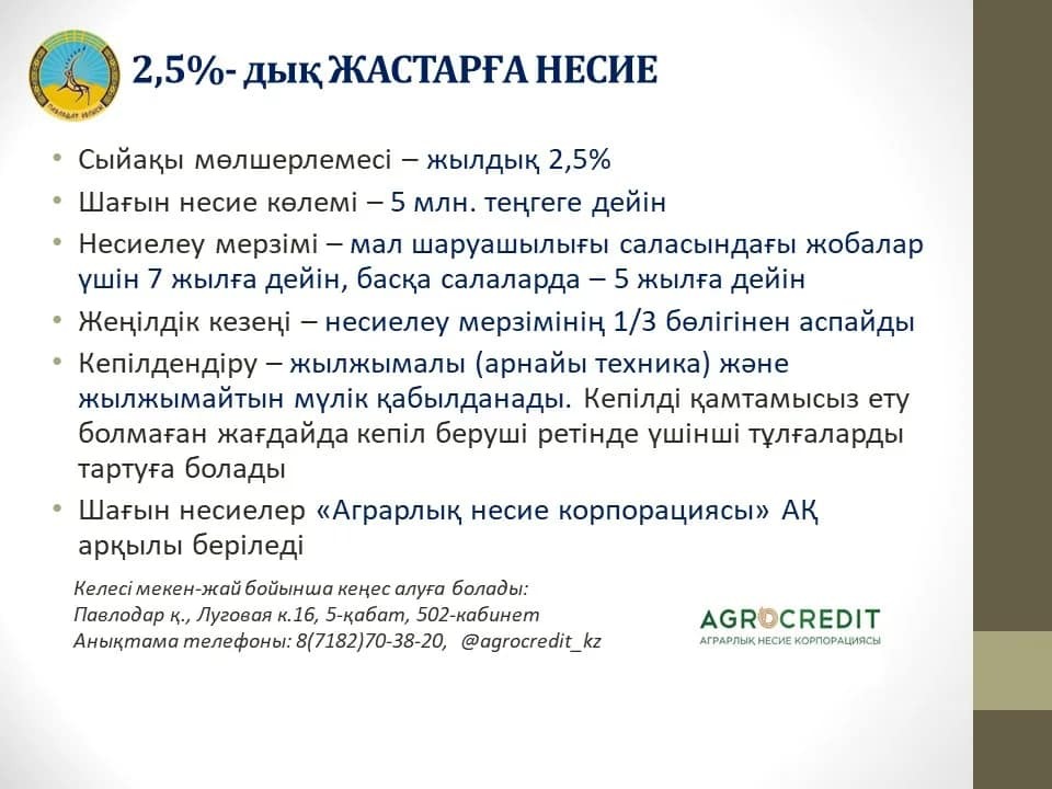 Павлодар облысының Кәсіпкерлер Палатасы наурыз айынан бастап жастар үшін жылдық 2,5% жеңілдікті шағын несиелер беру үшін құжаттарды қабылдау басталғанын хабарлайды