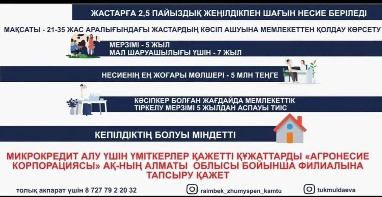 Жастарға 2,5 % пайыздық жеңілдікпен шағын несие беріледі
