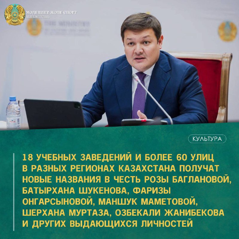 18 УЧЕБНЫХ ЗАВЕДЕНИЙ И БОЛЕЕ 60 УЛИЦ В РАЗНЫХ РЕГИОНАХ КАЗАХСТАНА ПОЛУЧАТ НОВЫЕ НАЗВАНИЯ В ЧЕСТЬ РОЗЫ БАГЛАНОВОЙ, БАТЫРХАНА ШУКЕНОВА, ФАРИЗЫ ОНГАРСЫНОВОЙ, МАНШУК МАМЕТОВОЙ, ШЕРХАНА МУРТАЗА, ОЗБЕКАЛИ ЖАНИБЕКОВА И ДРУГИХ ВЫДАЮЩИХСЯ ЛИЧНОСТЕЙ