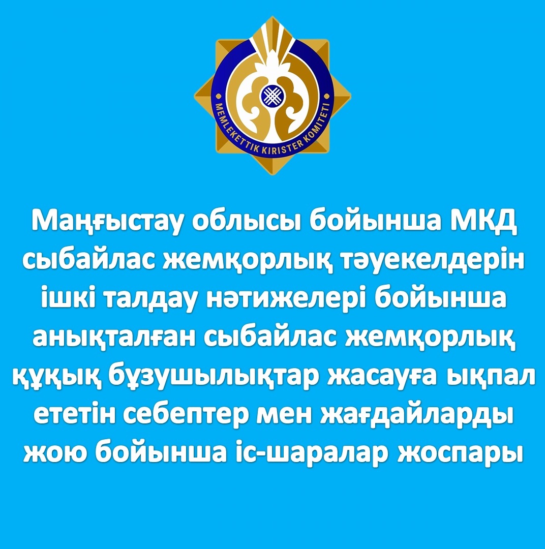 Маңғыстау облысы бойынша МКД сыбайлас жемқорлық тәуекелдерін ішкі талдау нәтижелері бойынша анықталған сыбайлас жемқорлық құқық бұзушылықтар жасауға ықпал ететін себептер мен жағдайларды жою бойынша іс-шаралар жоспары