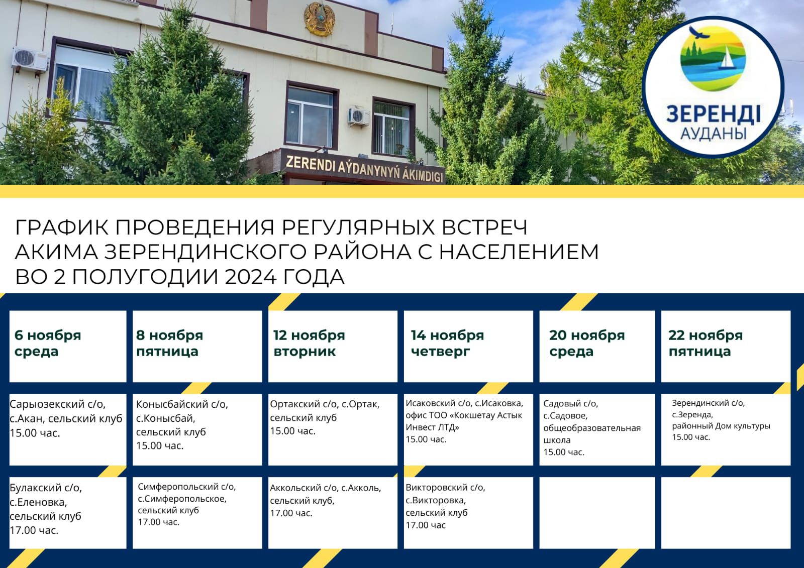 График проведения регулярных встреч акима Зерендинского района с населением во 2 полугодии 2024 года