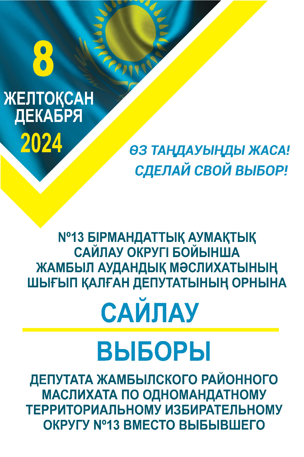ВЫБОРЫ ДЕПУТАТА ЖАМБЫЛСКОГО РАЙОННОГО МАСЛИХАТА ПО ОДНОМАНДАТНОМУ ТЕРРИТОРИАЛЬНОМУ ИЗБЕРАТЕЛЬНОМУ ОКРУГУ №13 ВМЕСТО ВЫБЫВШЕГО