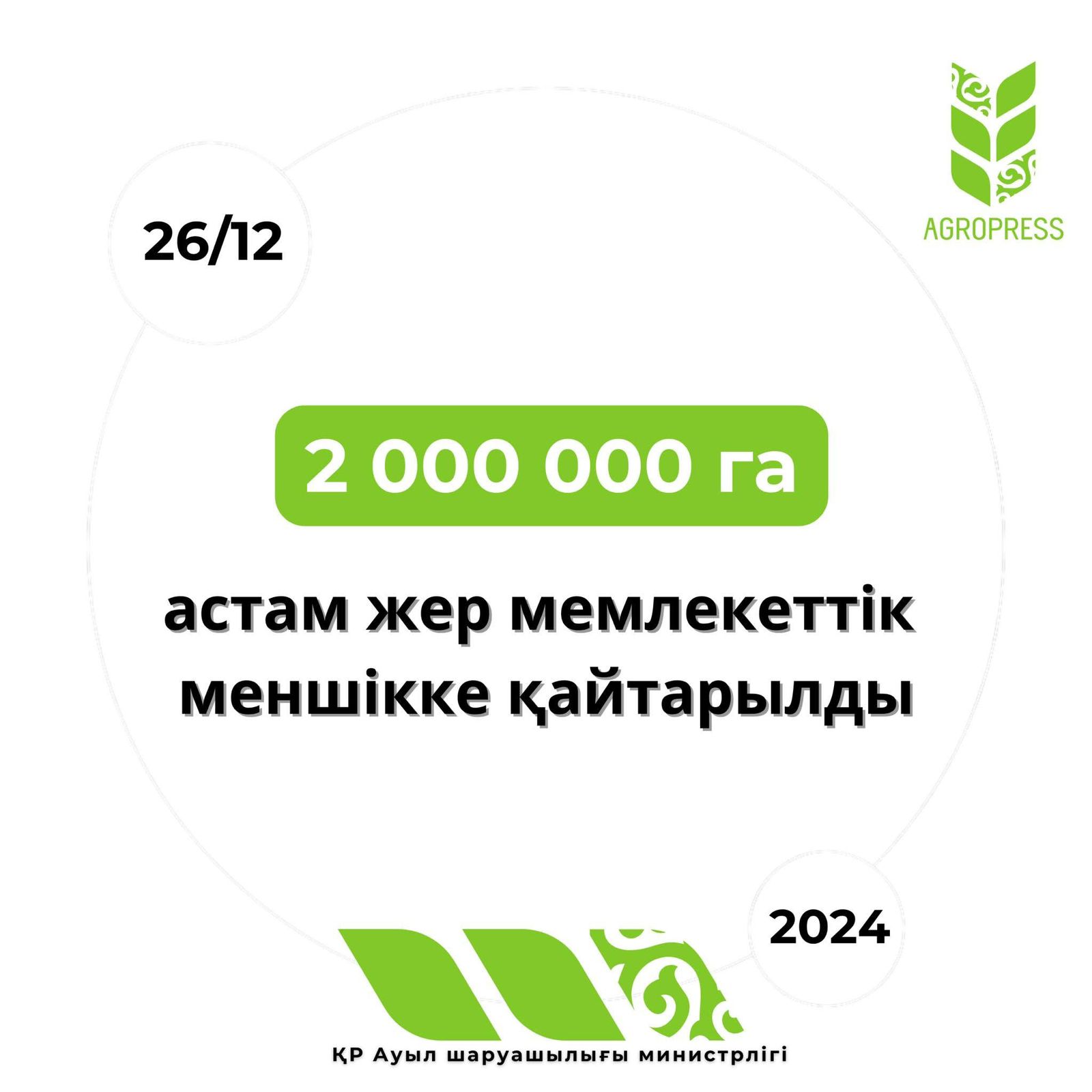2 000 000 га астам жер мемлекеттік меншікке қайтарылды