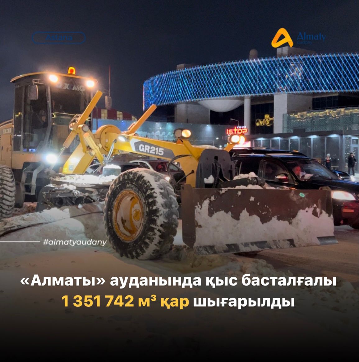 В районе «Алматы» с начала зимы вывезено 1 351 742 м³ снега и сделано 110 426 рейсов.