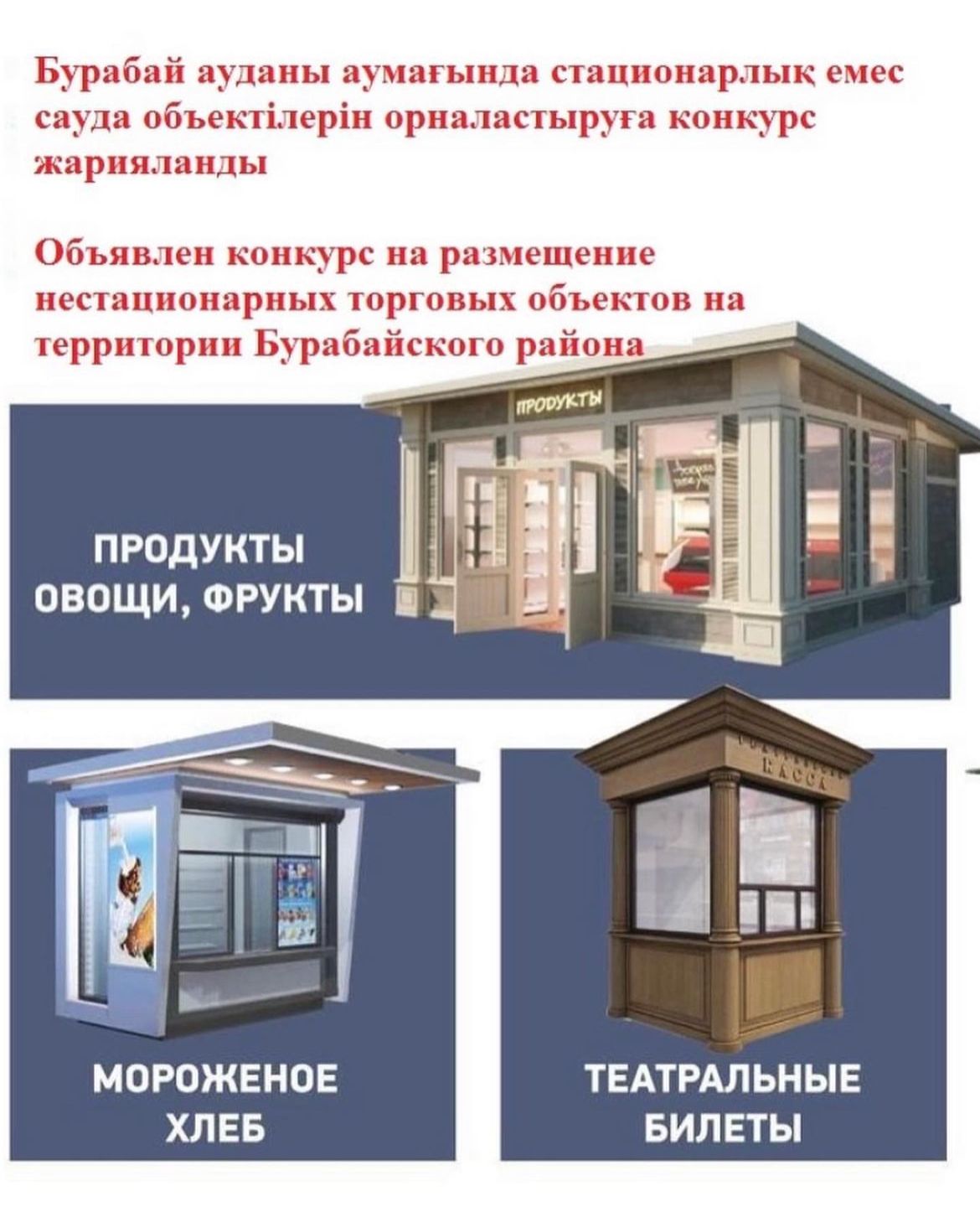 Бурабай ауданы әкімдігінің 2022 жылғы 04 сәуірдегі №а-3/118 қаулысымен бекітілген стационарлық емес сауда объектілерін орналастыруорындарын бөлу бойыншаконкурс өткізу туралы хабарландыру