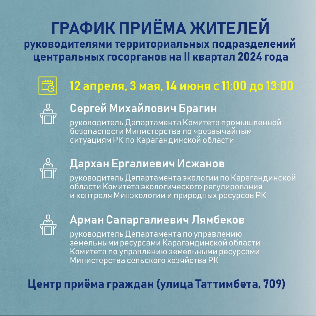 График приёма жителей Карагандинской области руководителями департаментов и инспекций на II квартал 2024 года