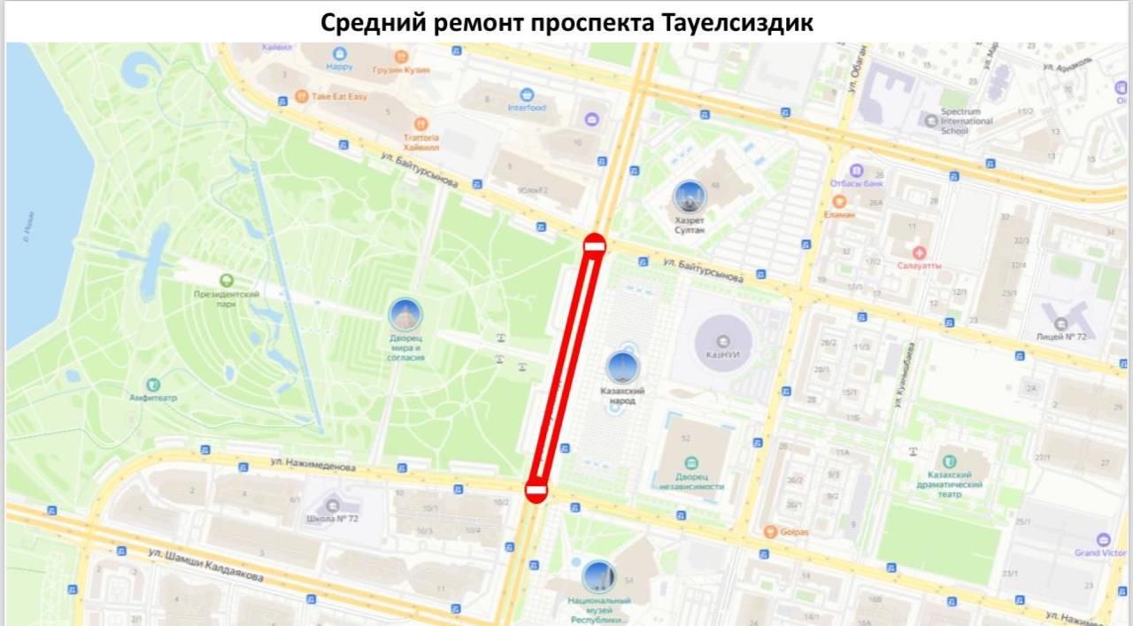 Какие улицы перекрыты в Астане из-за ремонта дорог