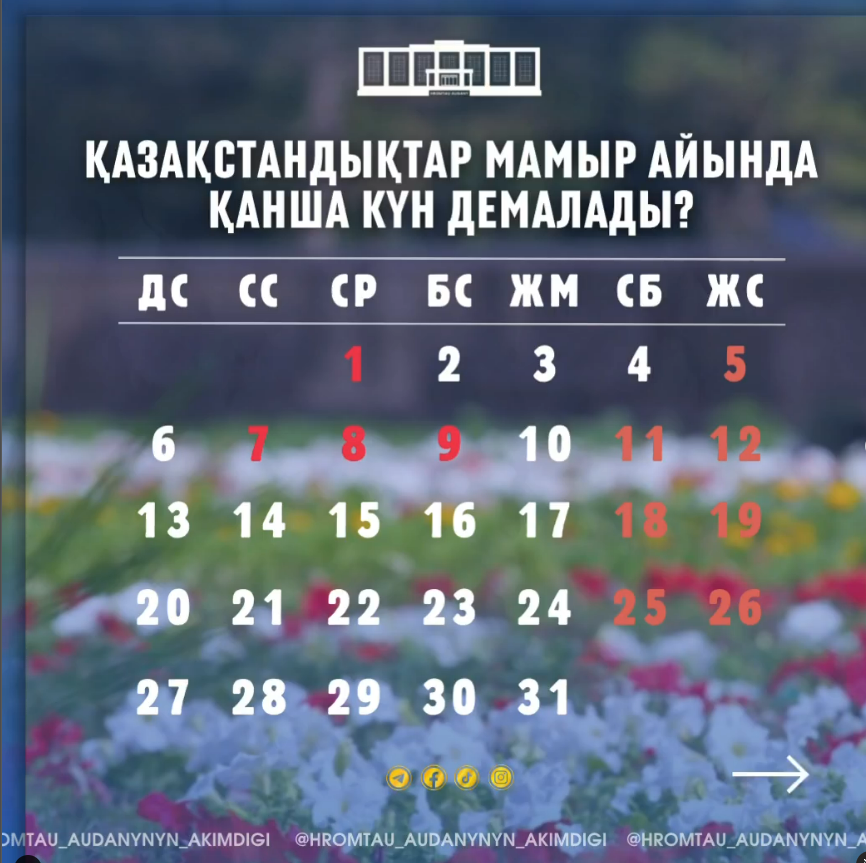 🗓️ ҚАЗАҚСТАНДЫҚТАР МАМЫР АЙЫНДА ҚАНША КҮН ДЕМАЛАДЫ?