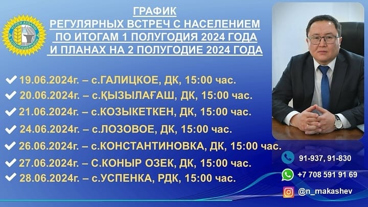ГРАФИК регулярных встреч акима Успенского района и акимов сельских округов с населением     в 1 полугодии  2024 года