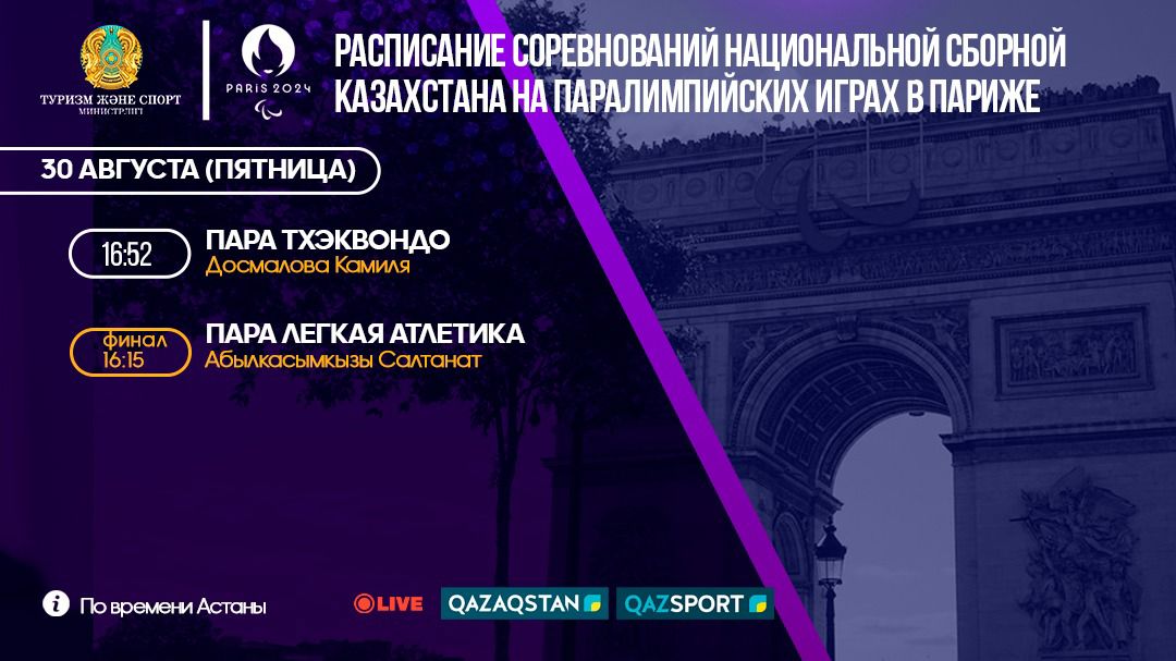 РАСПИСАНИЕ СОРЕВНОВАНИЙ НАЦИОНАЛЬНОЙ СБОРНОЙ КАЗАХСТАНА НА ПАРАЛИМПИЙСКИХ ИГРАХ В ПАРИЖЕ (30 АВГУСТА)