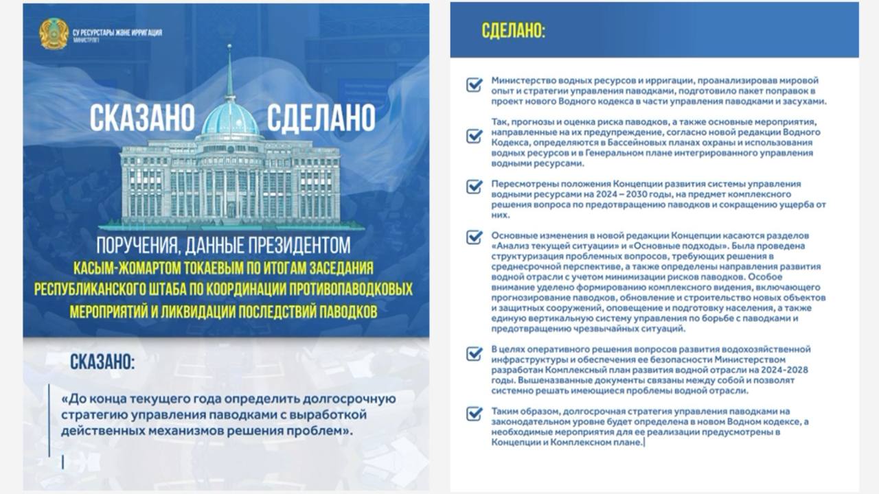 ПОРУЧЕНИЕ, ДАННОЕ ПРЕЗИДЕНТОМ КАСЫМ-ЖОМАРТОМ ТОКАЕВЫМ ПО ИТОГАМ ЗАСЕДАНИЯ РЕСПУБЛИКАНСКОГО ШТАБА ПО КООРДИНАЦИИ ПРОТИВОПАВОДКОВЫХ МЕРОПРИЯТИЙ И ЛИКВИДАЦИИ ПОСЛЕДСТВИЙ ПАВОДКОВ