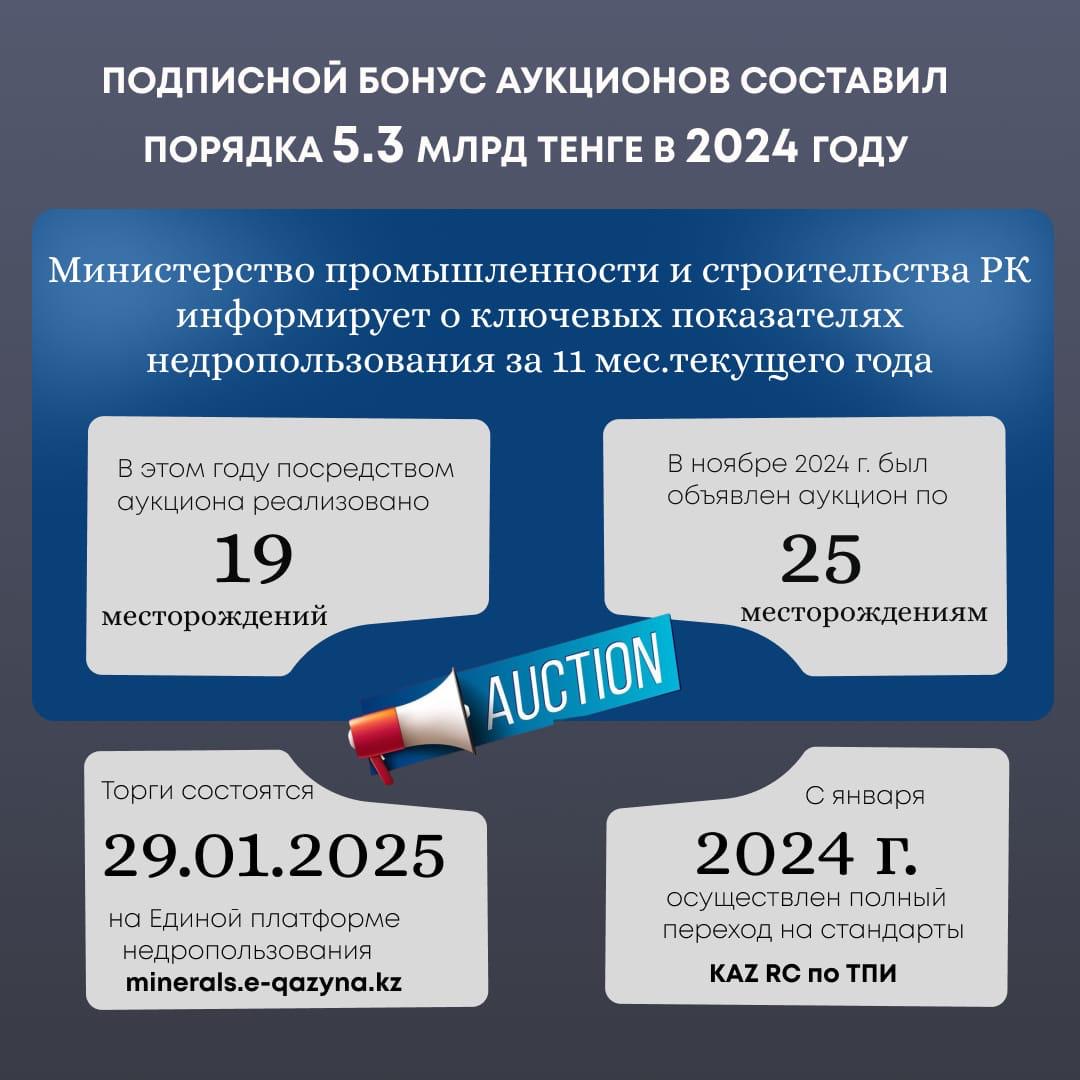Подписной бонус аукционов составил порядка 5,3 млрд тенге в 2024 году