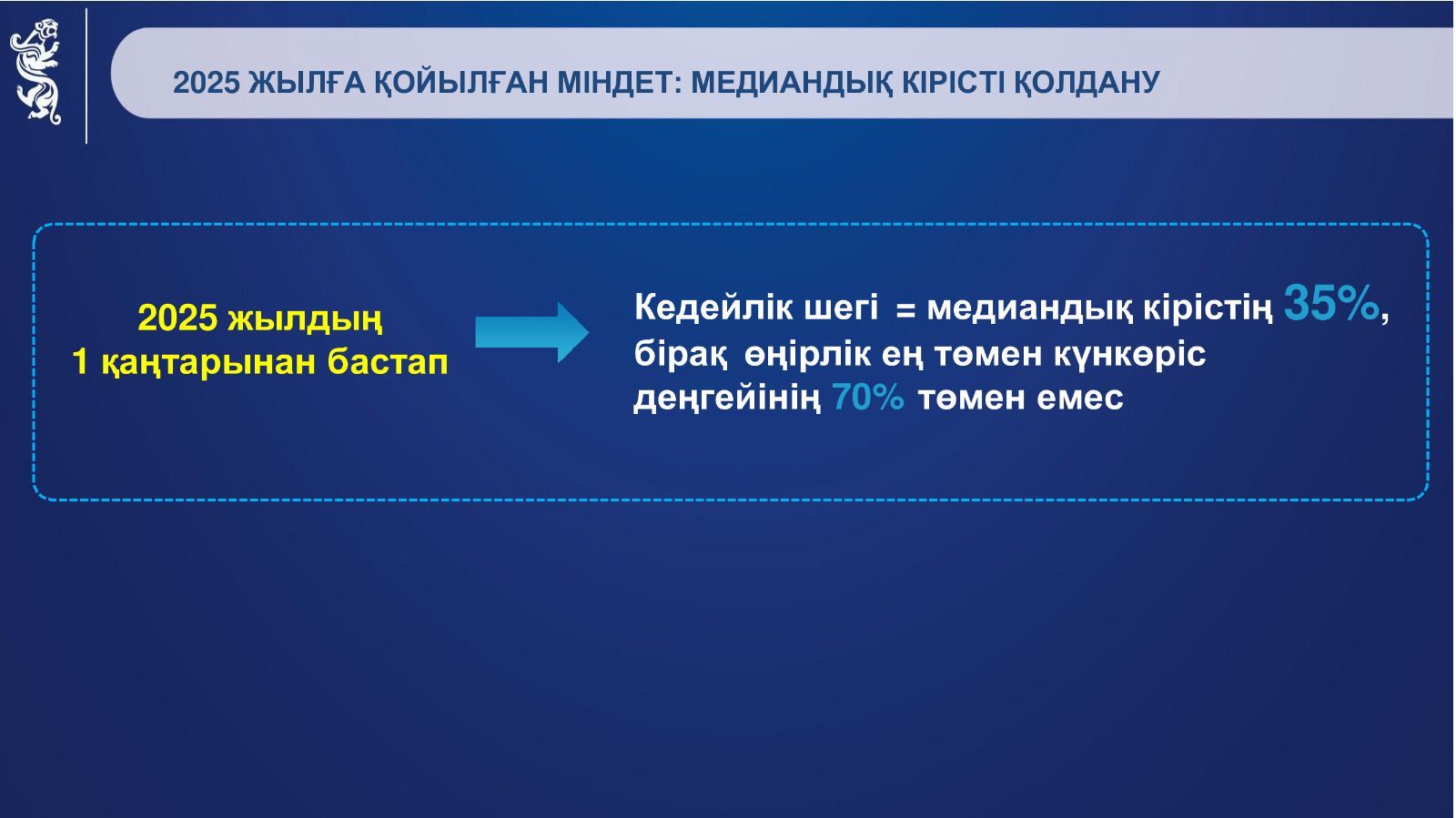 2025 жылдан бастап аз қамтылған азаматтарға атаулы әлеуметтік көмек тағайындаудың жаңа тәсілі енгізілетін болады, есеп орташа табыстың 35% деңгейінде, бірақ қолданыстағы деңгейден төмен емес, яғни өңірлік ең төменгі күнкөріс деңгейінің 70% деңгейінде айқындалатын болады.