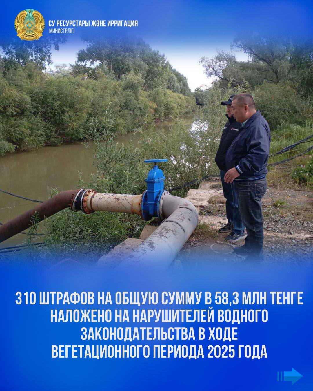 310 штрафов на общую сумму в 58,3 млн тенге наложено на нарушителей водного законодательства в ходе вегетационного периода 2025 года