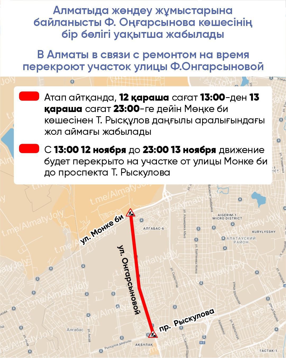 В Алматы в связи с ремонтом на время перекроют участок улицы Ф.Онгарсыновой