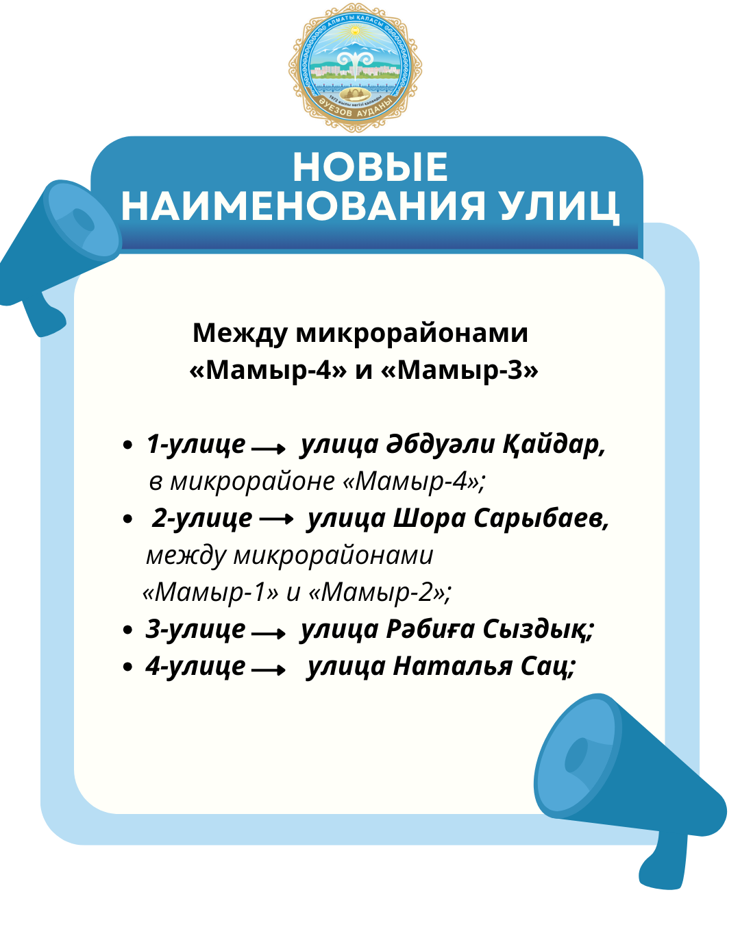 В Ауэзовском районе безымянным улицам присвоили новые названия