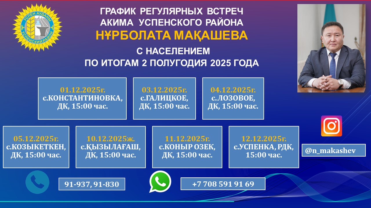 ⚡ С 1-12 декабря т.г. в сельских округах района пройдут регулярные встречи с населением, согласно графику.